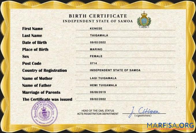 Printable Samoa vital record birth certificate PSD template